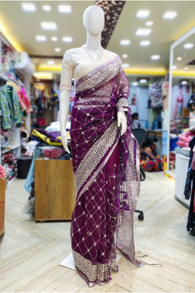 Magenta Muslin Silk Saree With All Over Embroidery And Sequence Work - Also Has Highlighted Silver Zari Border (KR2239)